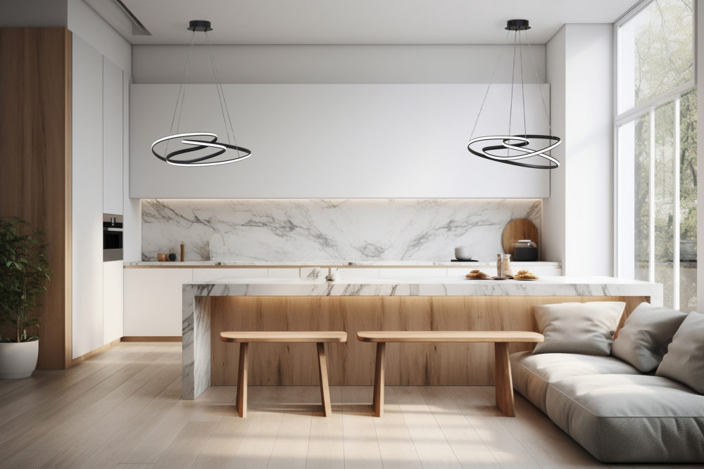 Modern white minimalist interior design with kitchen sofa, woode