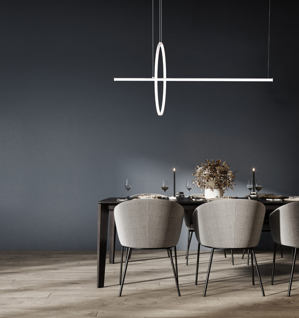 Modern concept interior of dining room with empty blue mockup wa