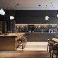 Mockup poster frame on the wall of living room with kitchen and