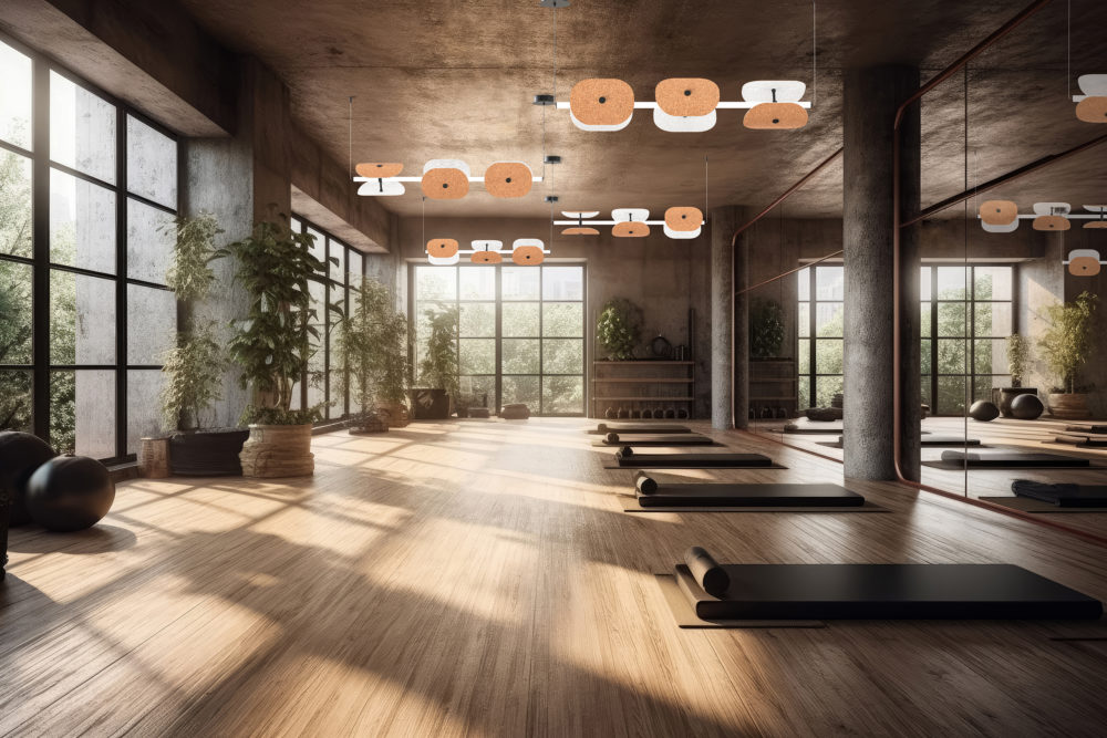 Modern yoga gym interior with unrolled yoga mats equipment , Sports gym exercises , Healthy lifestyle , Generate Ai