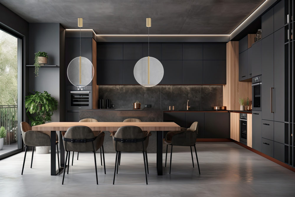 Interior of a contemporary kitchen with dark gray countertops, gray walls, and a table and chairs. a mockup. Generative AI