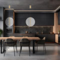 Interior of a contemporary kitchen with dark gray countertops, gray walls, and a table and chairs. a mockup. Generative AI