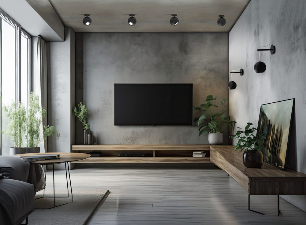 A television cabinet is located within the living room, which also has a concrete wall. Generative AI