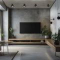 A television cabinet is located within the living room, which also has a concrete wall. Generative AI