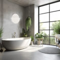 Interior of a loft bathroom with gray walls and a concrete floor. Near the window is an angular white tub. There is a potted plant close by. a mockup. Generative AI