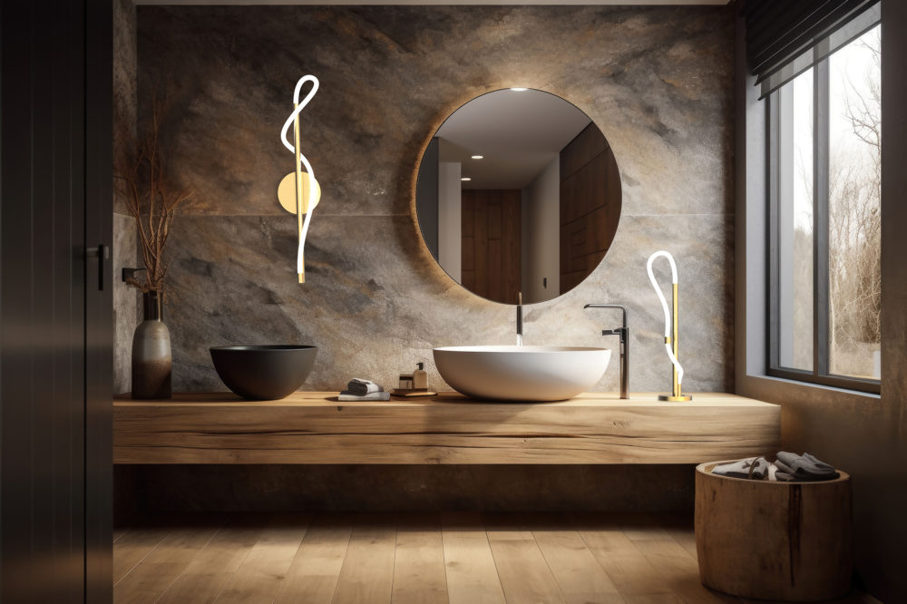 Interior scene and mockup of a modern bathroom with stone walls and a sink perched on a wooden countertop. Generative AI