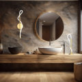 Interior scene and mockup of a modern bathroom with stone walls and a sink perched on a wooden countertop. Generative AI