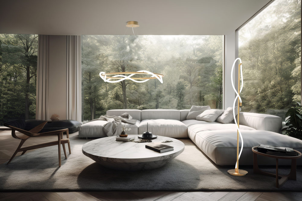 minimalist living room boasts a stunning countryside view throug