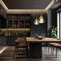 Interior of a contemporary kitchen with dark gray countertops, gray walls, and a table and chairs. a mockup. Generative AI