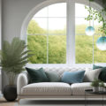 Mock up of stylish room in white color with sofa and green landscape in window. Scandinavian interior design. 3D illustration. Generative AI