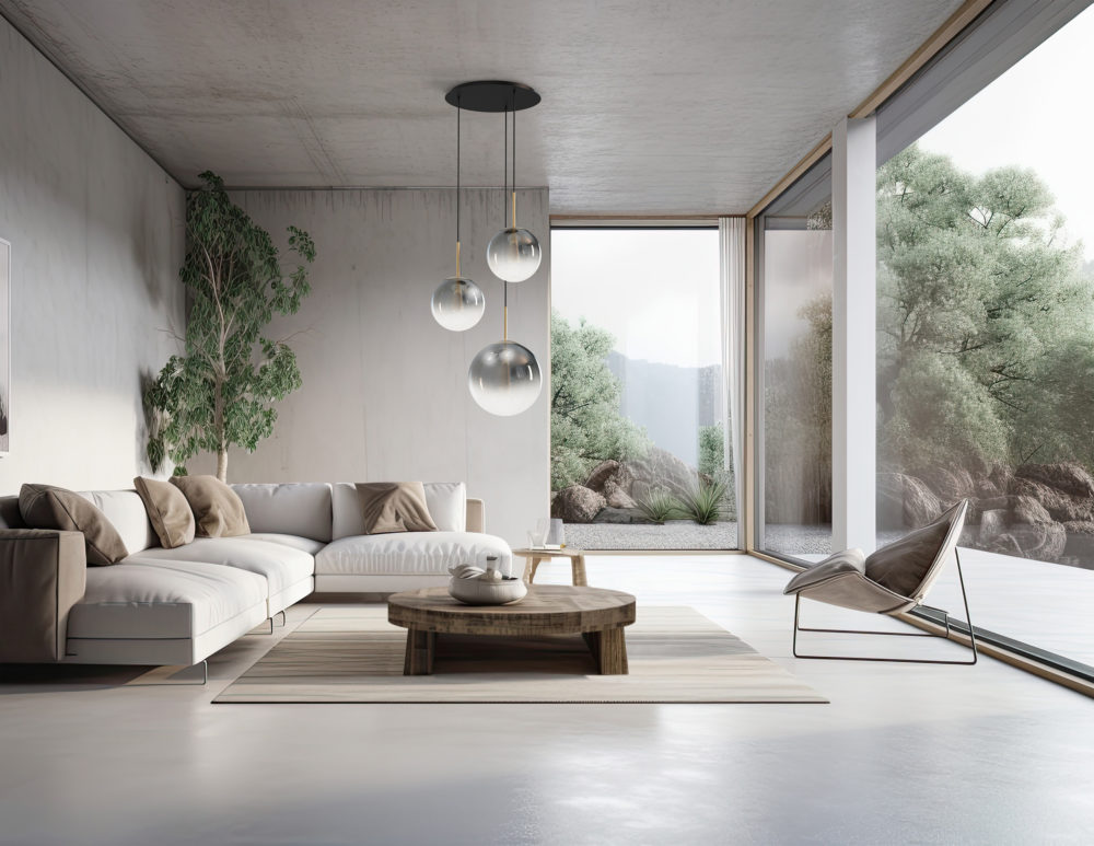 White walls, a concrete floor, a white sofa, and a unique coffee table characterize this contemporary living room area. A panorama window with a poster. a detailed mock up. Generative AI