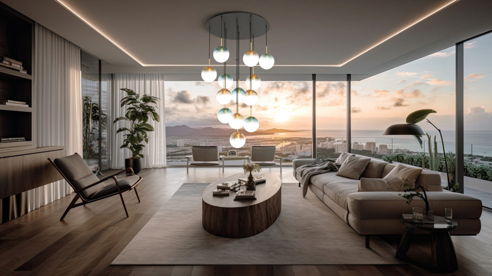 Modern living room interior, windows overlooking the Sea at suns