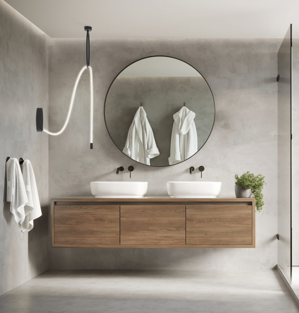 3d modern contemporary grey concrete bathroom with  round mirror