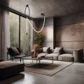 White minimalist living room interior with sofa on a wooden floo