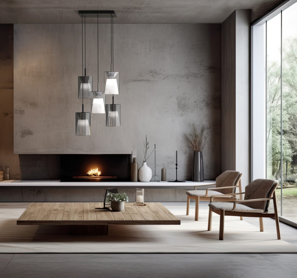 Living room decor contemporary, concrete fireplace. Generative AI