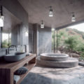Luxury concrete bathroom with whirlpool tub and large window, ve
