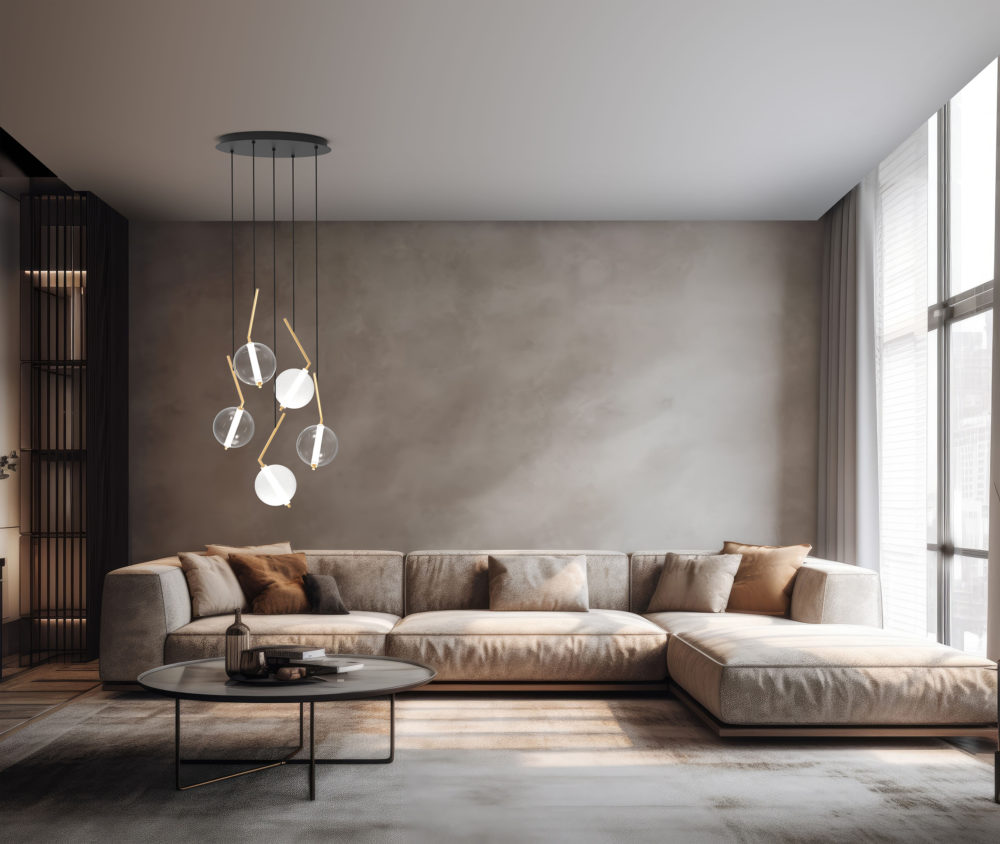 cozy living room with a spacious sectional sofa. Generative AI