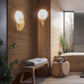 Modern, artistic bathroom with gray and wood finishes, open concept, parquet flooring. Roof beams, a shower, a free standing bathtub, and a comfortable seating area. concept for a spa's decor. Generative AI