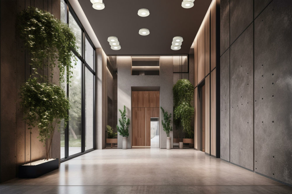 Contemporary office lobby interior with elevator and reception d