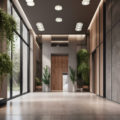 Contemporary office lobby interior with elevator and reception d