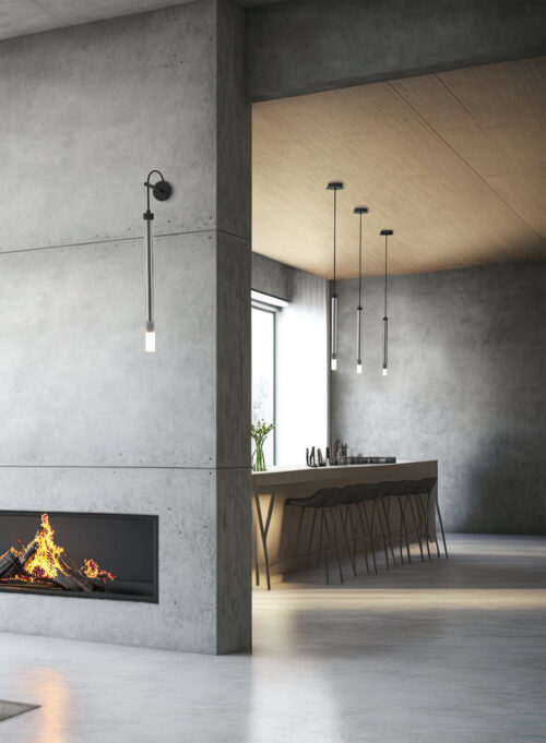 Spacious villa interior with cement wall effect, fireplace and tv. Generative AI